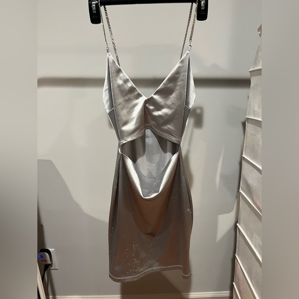 Silver Stretch Satin Cutout Bodycon Dress with Rhinestone Straps